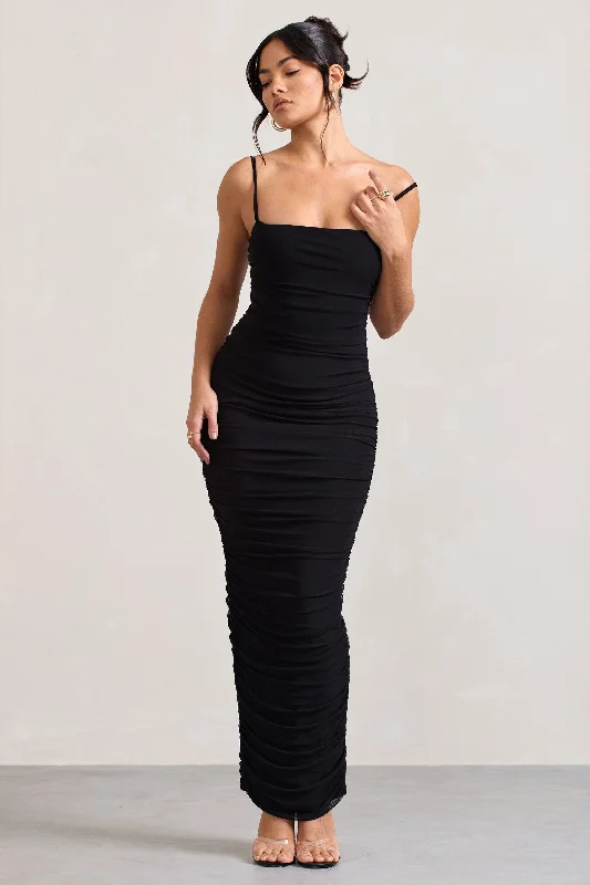 Refresh your closet with chic and comfy styles   Ellis | Black Ruched Mesh Strappy Bodycon Maxi Dress