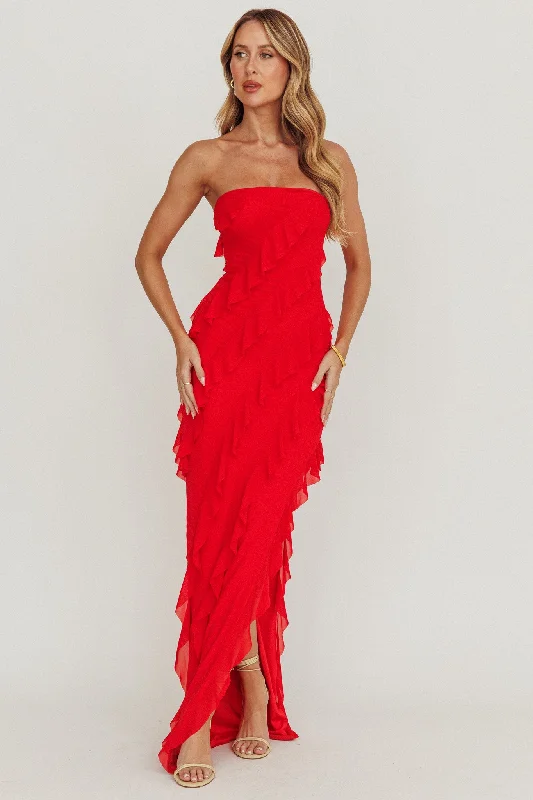 Just Friends Strapless Ruffle Maxi Dress Red