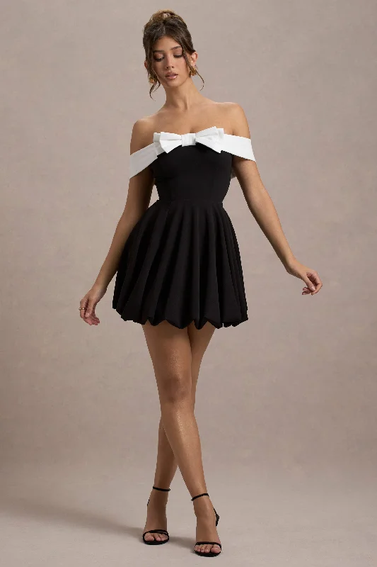 Minimoiselle | Black & White Bow Bardot Mini Dress With Puff-Ball Skirt