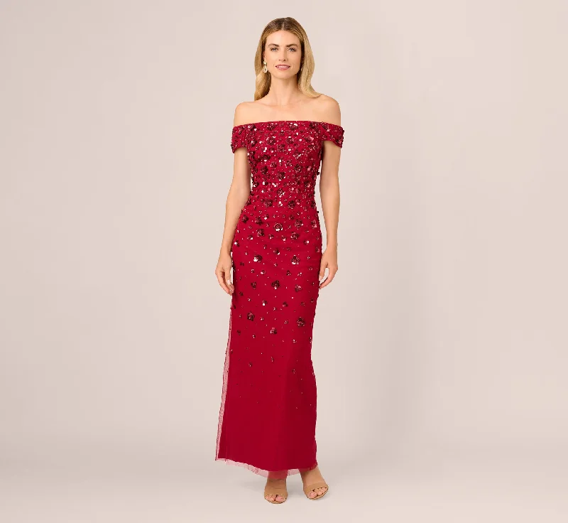 Off Shoulder Dress With Floral Embellishment In Cranberry