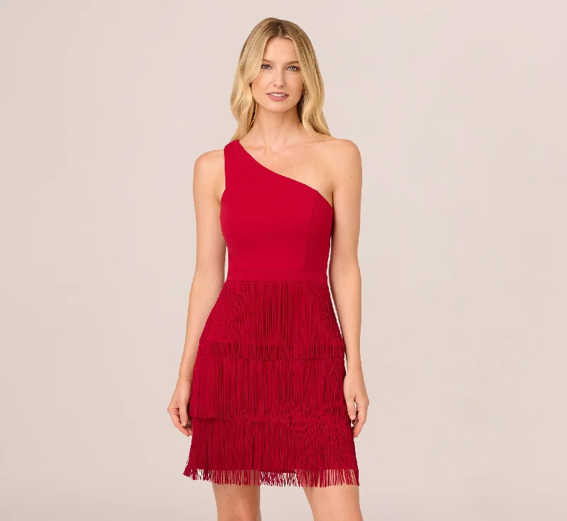 One Shoulder Fringe Mini Dress In Matador Red