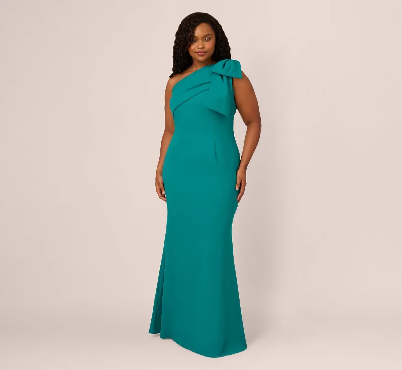 Plus Size Stretch Crepe One Shoulder Mermaid Gown With Bow Accent In Tempo Teal