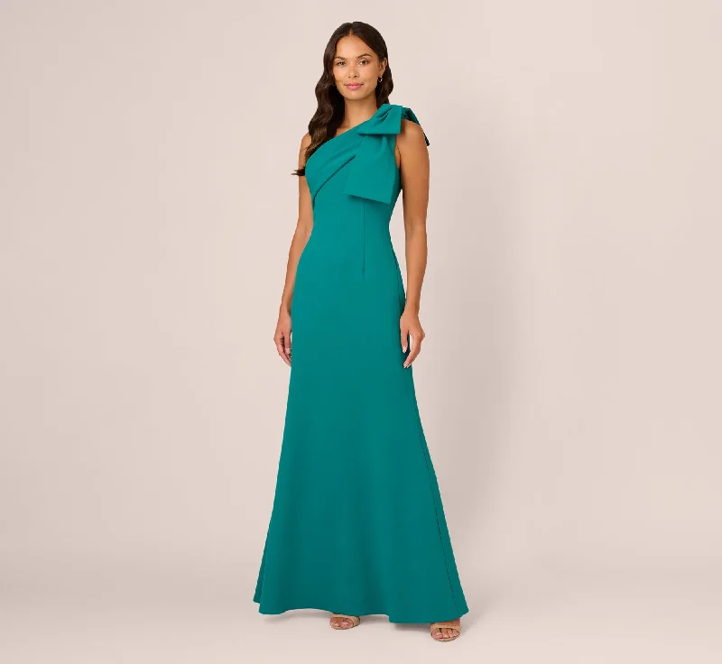 Stretch Crepe One Shoulder Mermaid Gown With Bow Accent In Tempo Teal