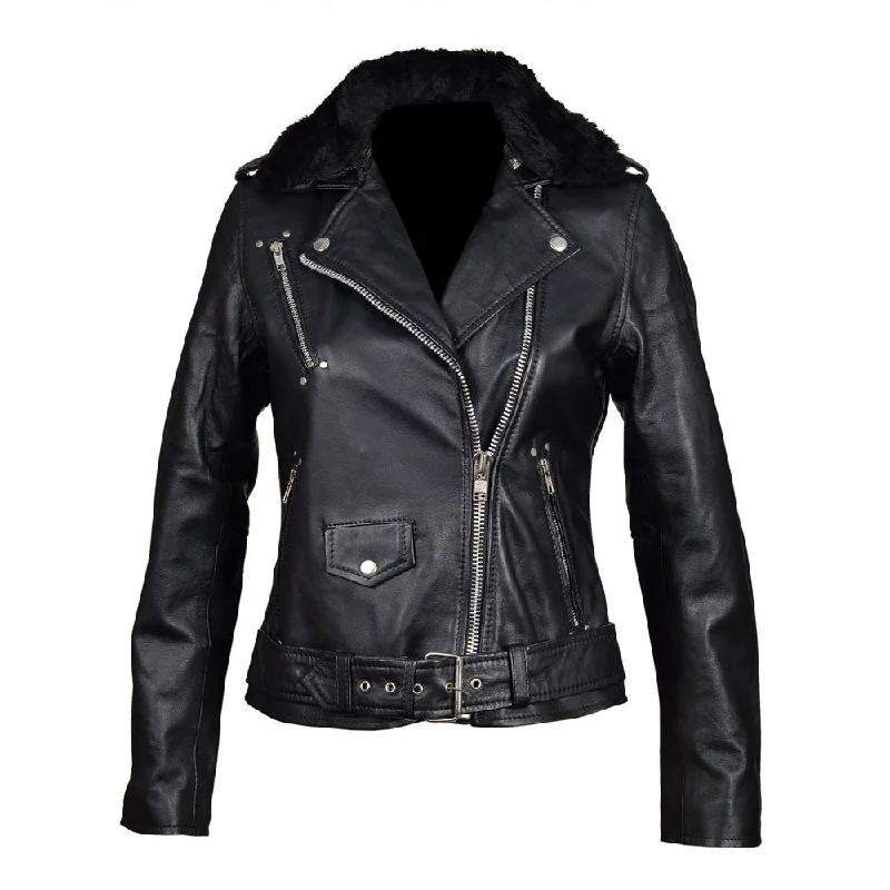 Eira’s Biker Style Leather Jacket With Fur Collar