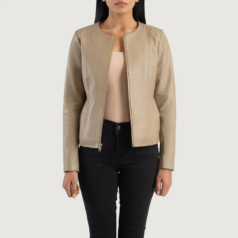 Elixir Beige Collarless Leather Jacket