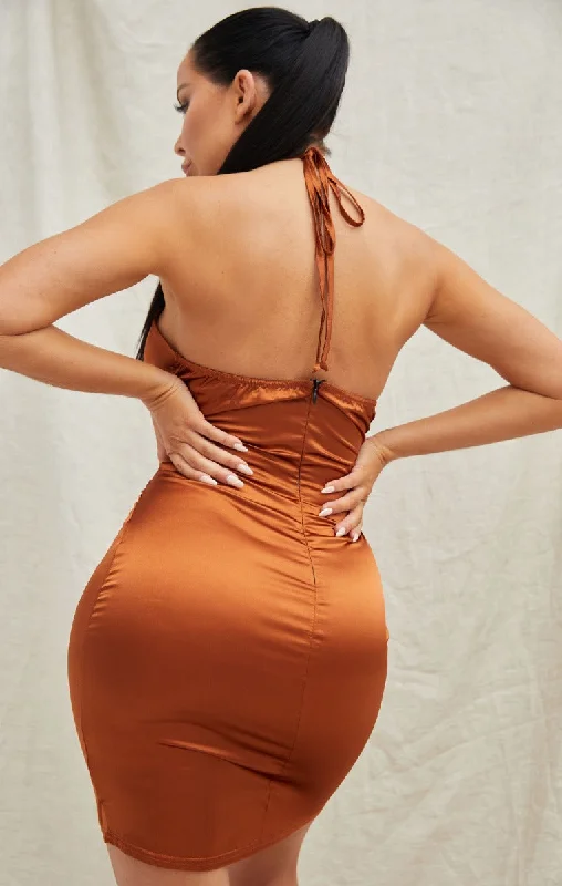 Rust Satin Halter Neck Ruched Cut Out Bodycon Mini Dress - Ria