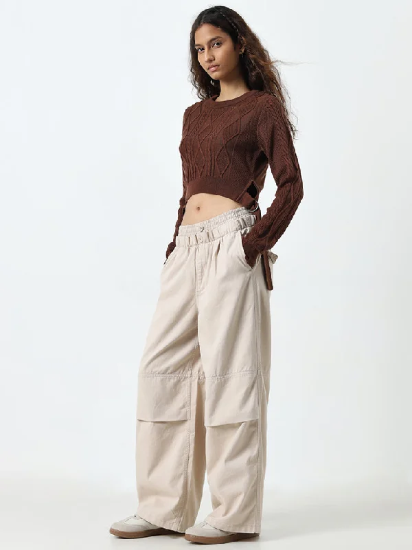 Nuon Beige High-Rise Ruffle-Detailed Cotton Pants