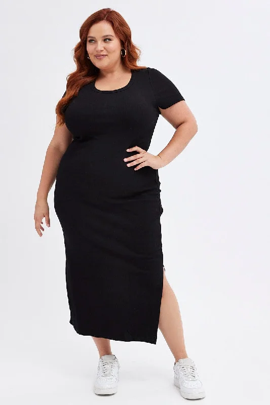 Black Bodycon Dress Short Sleeve Midi Rib