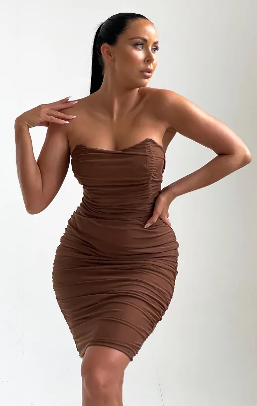 Chocolate Ruched Mesh Bandeau Bodycon Midi Dress - Eda